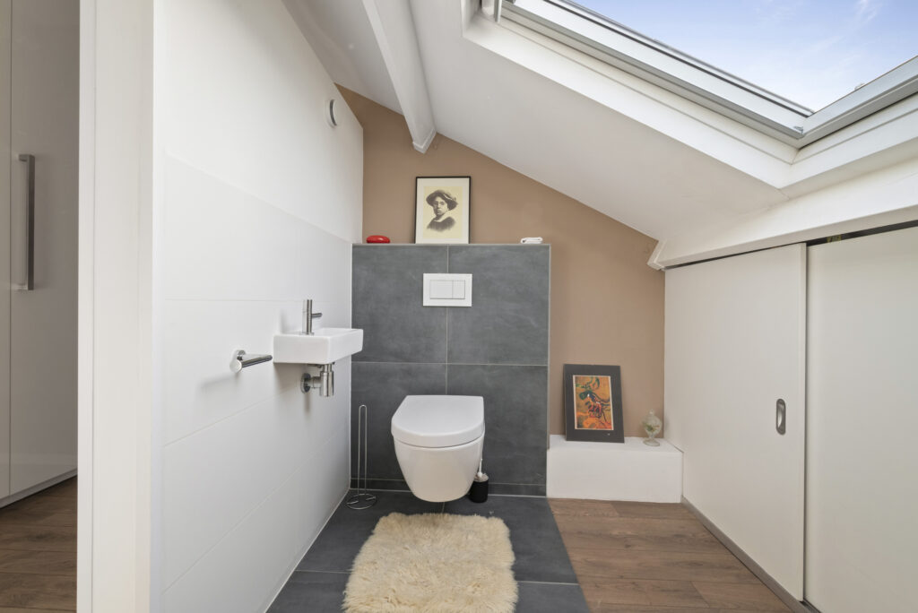 Modern bathroom with skylight and art decorations.