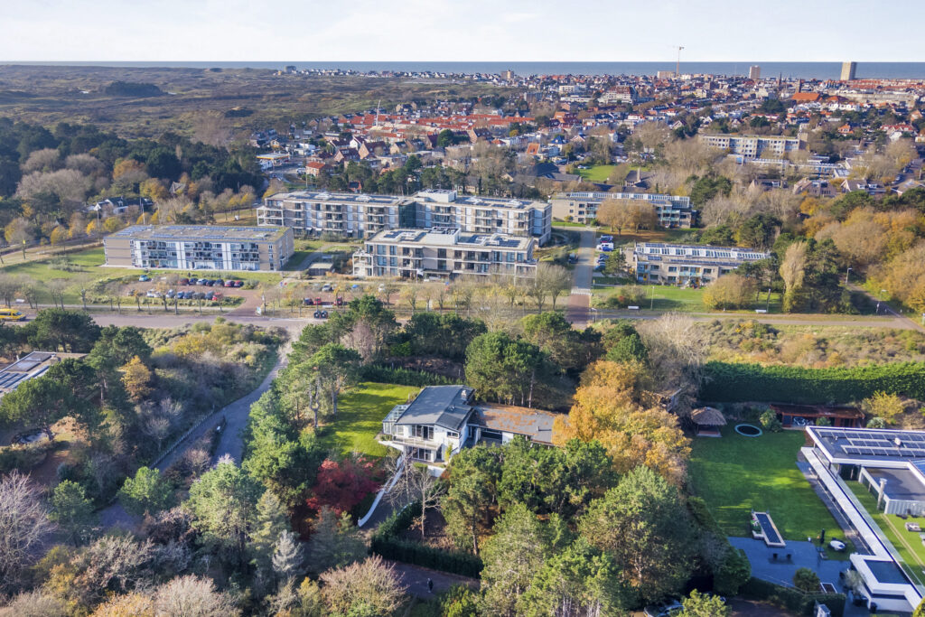 Aerial view of residential area with modern buildings.