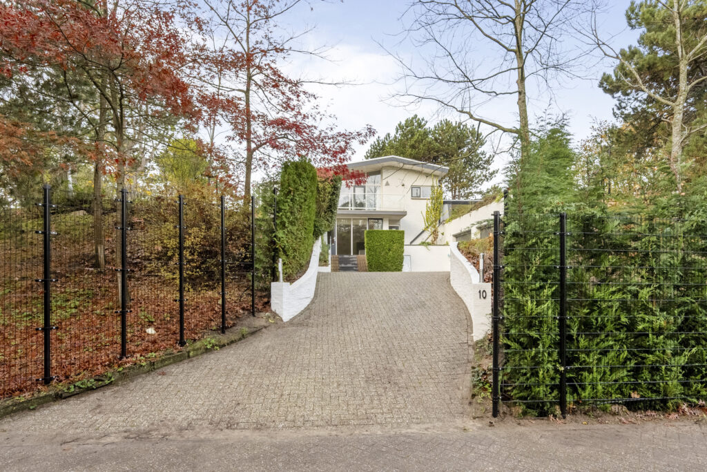 Modern house with driveway and autumn trees