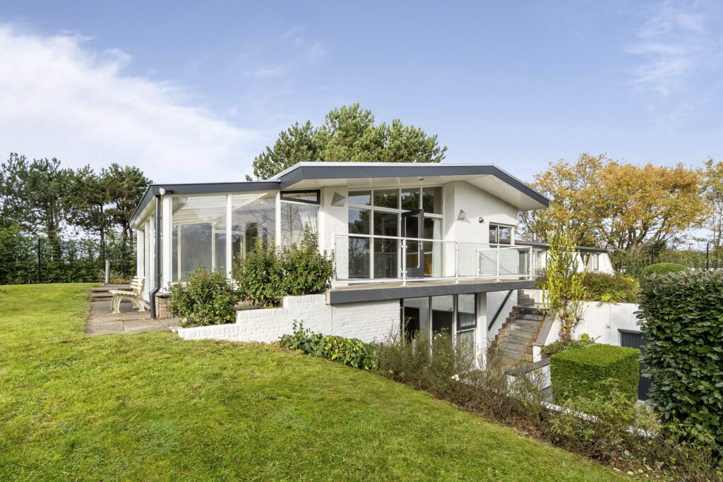 Modern house with large windows and garden