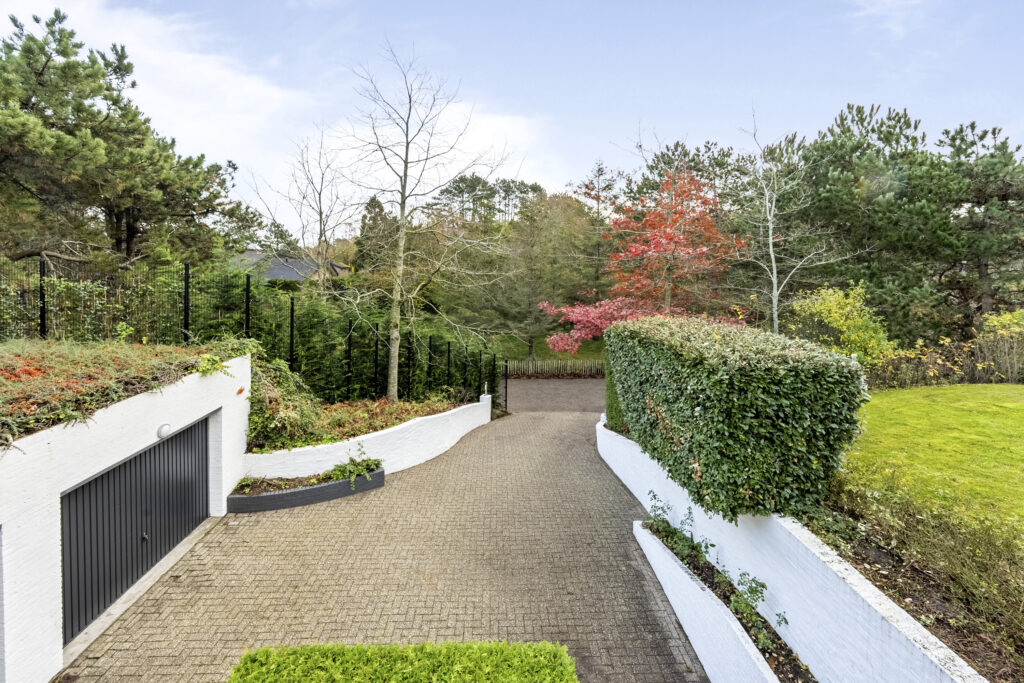 Curved driveway with lush greenery and trees around.