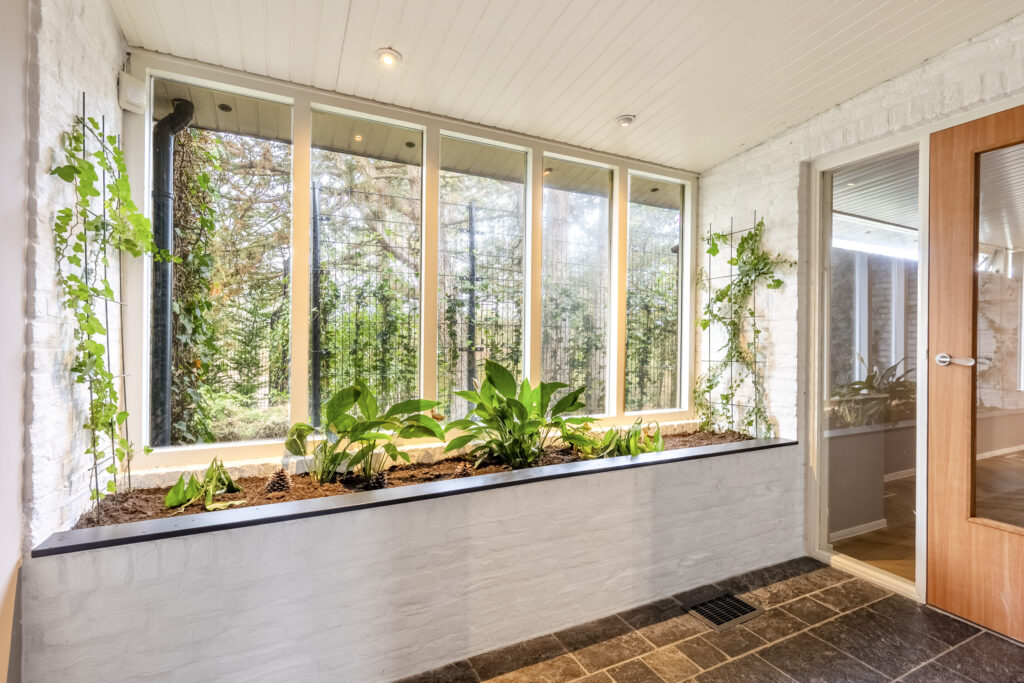 Sunroom with plants and large windows