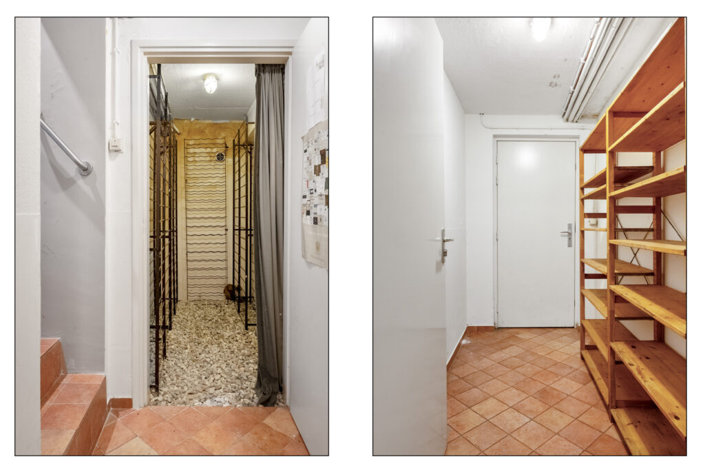 Storage area with shelves and gravel pathway.