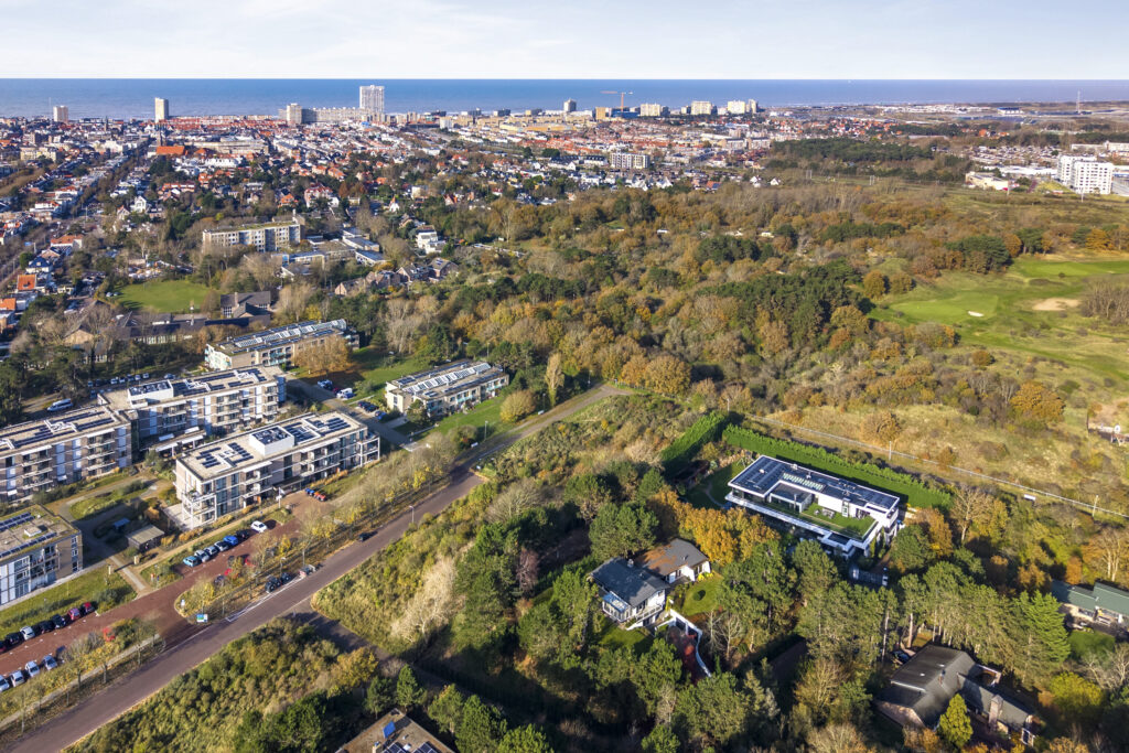 Aerial view of cityscape with adjacent greenery and sea.