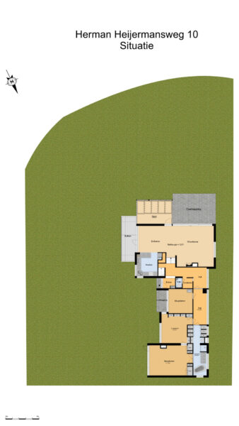 Detailed home floor plan with green surroundings.