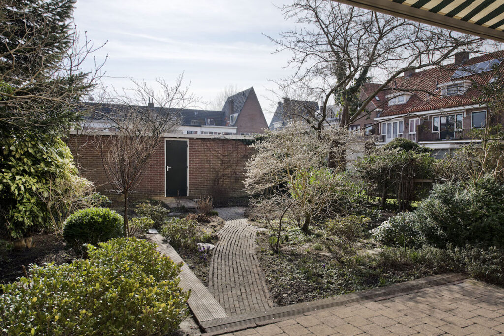 Brick pathway through garden with bare trees and shrubs.