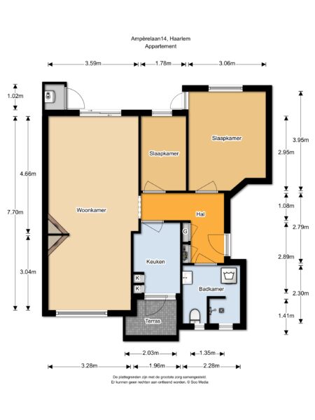 Two-bedroom apartment floor plan with measurements.