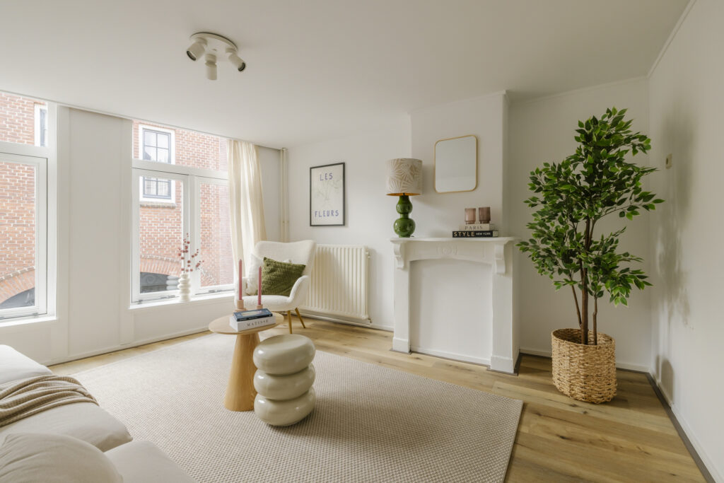 Bright living room with modern decor and plants.
