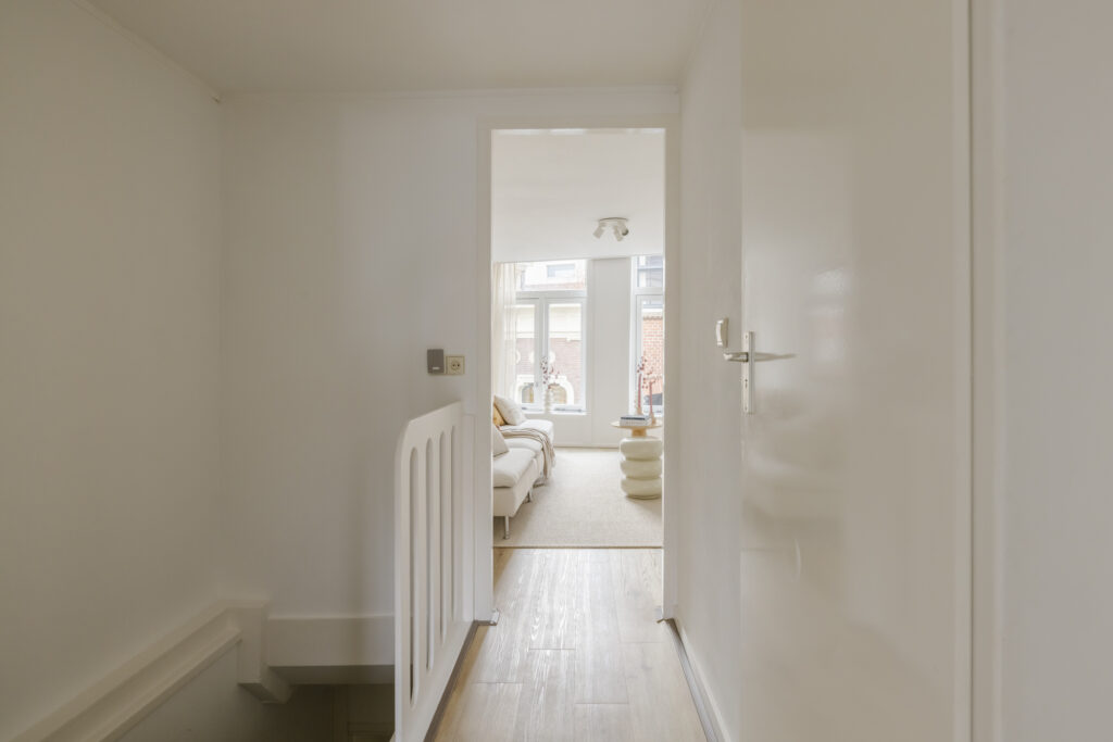 Bright hallway leading to cozy living room.
