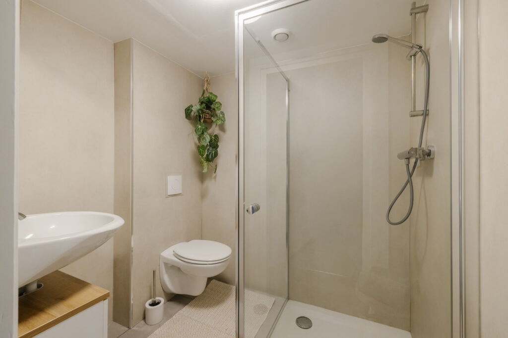 Modern bathroom with shower, sink, and plants.