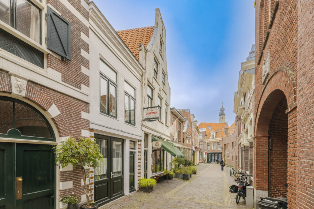 Charming European street with historic architecture.