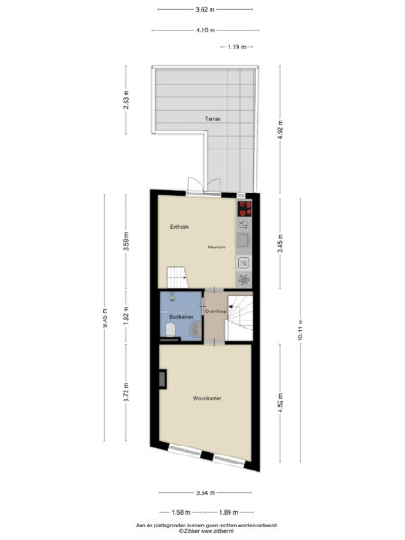 Floor plan with kitchen, living room, terrace.