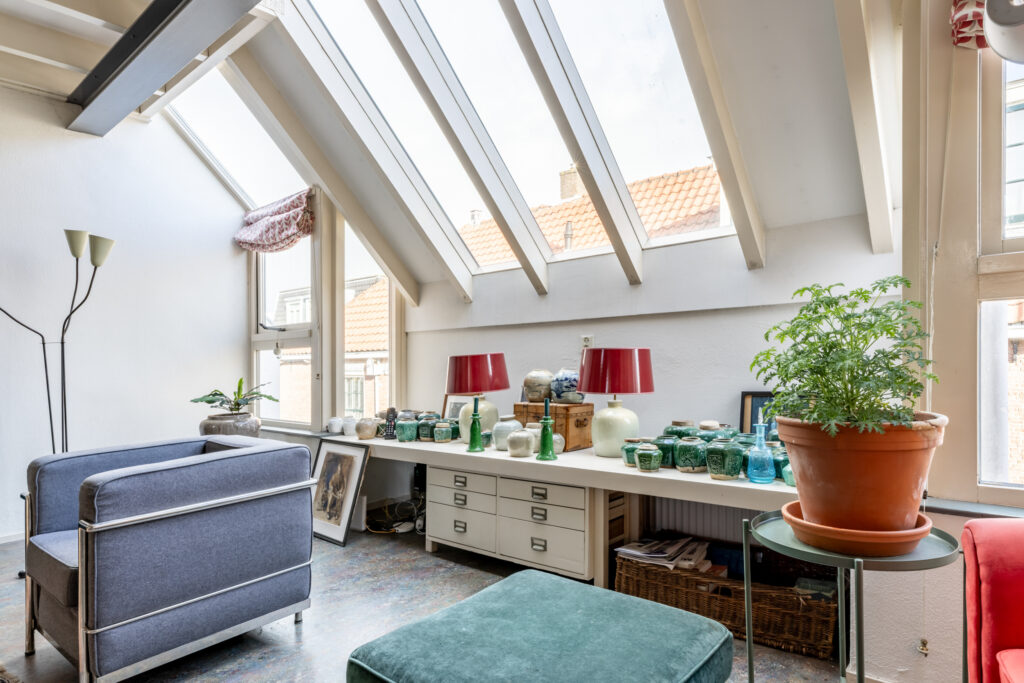 Bright attic room with skylight, chair, plant, and decor.