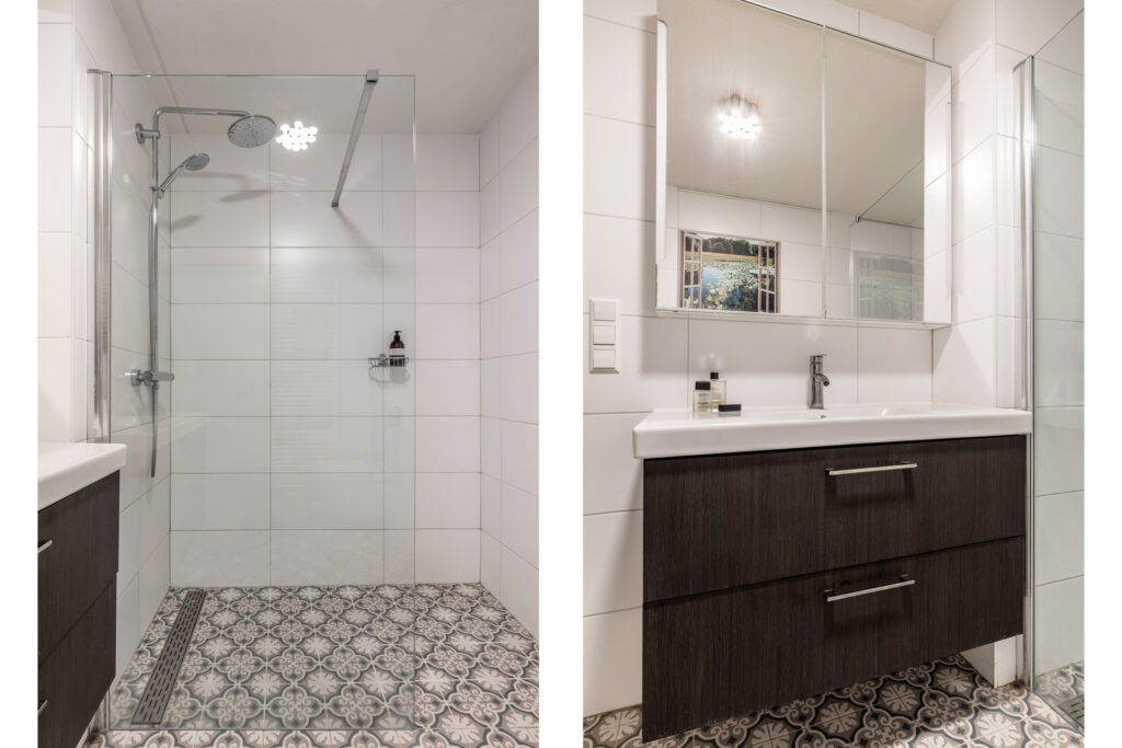 Modern bathroom with patterned floor tiles.