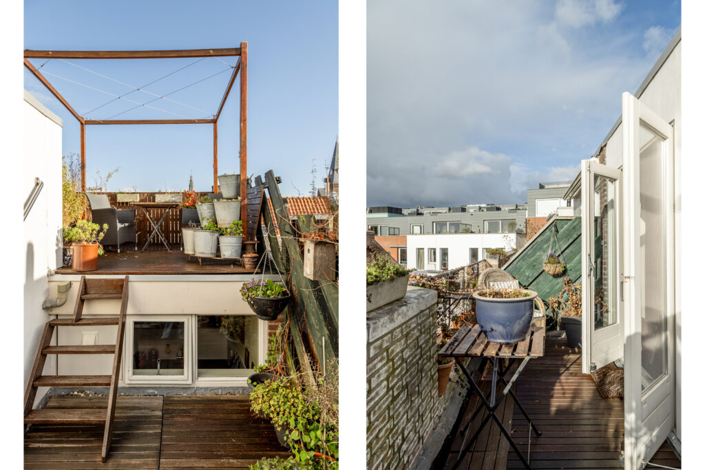 Rooftop terrace with plants and urban view.