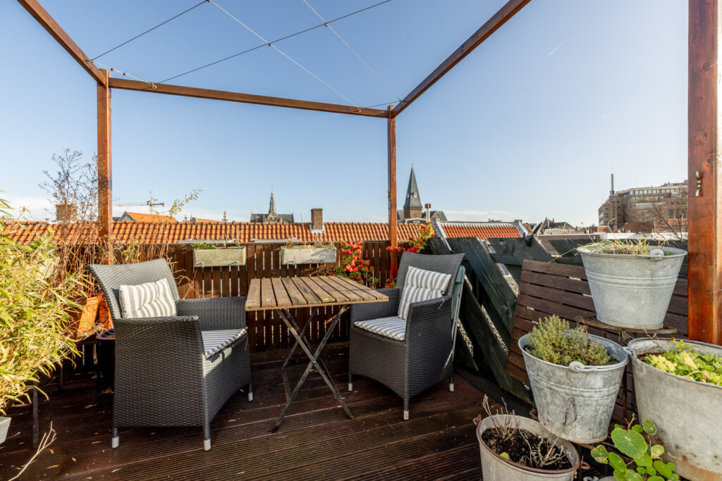 Cozy rooftop patio with city view and plants.