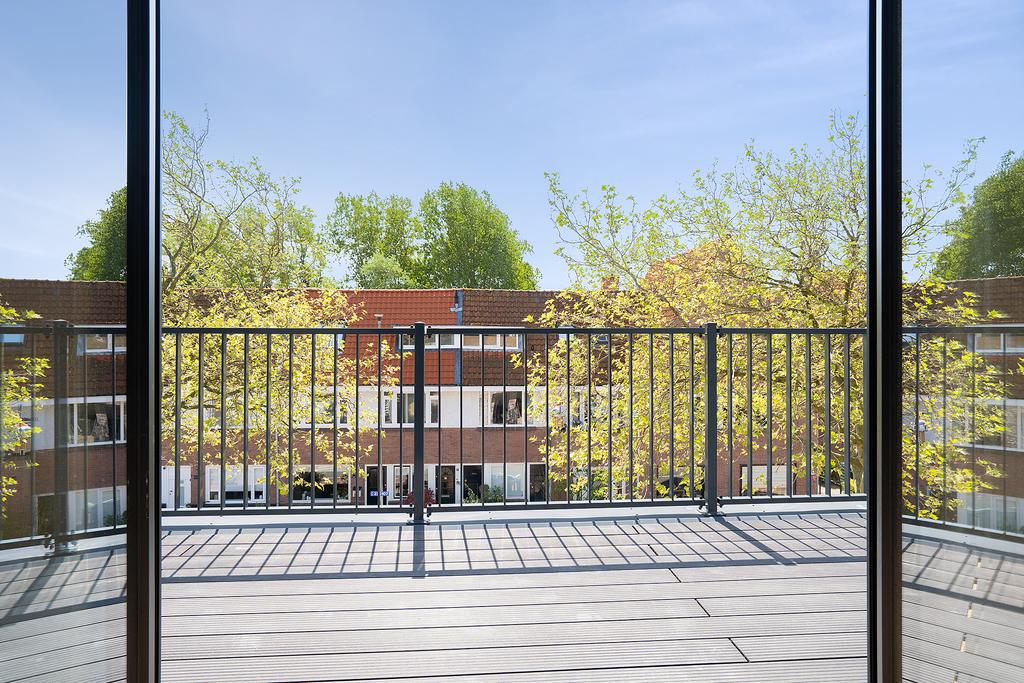 View of balcony and trees from indoors.