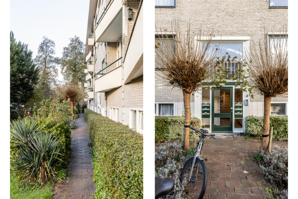 Residential building entrance with greenery and bicycle view.