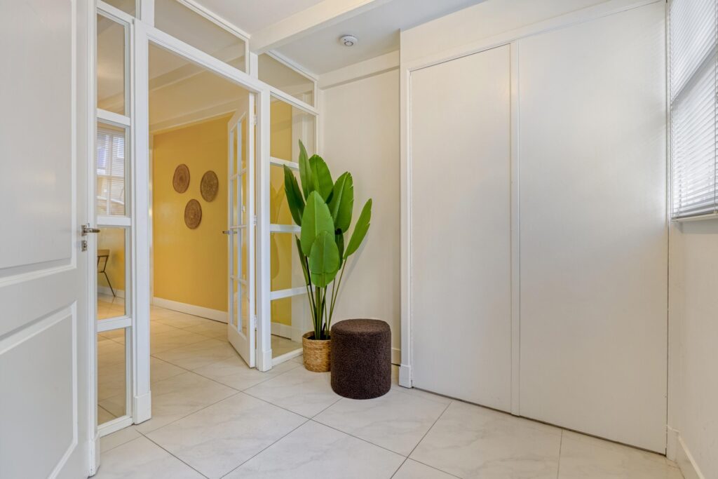 Modern hallway with plant and stool