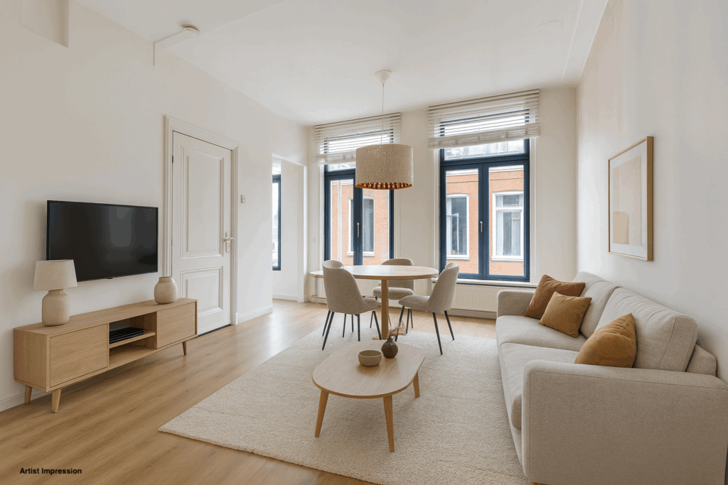 Modern living room with beige furniture and large windows.