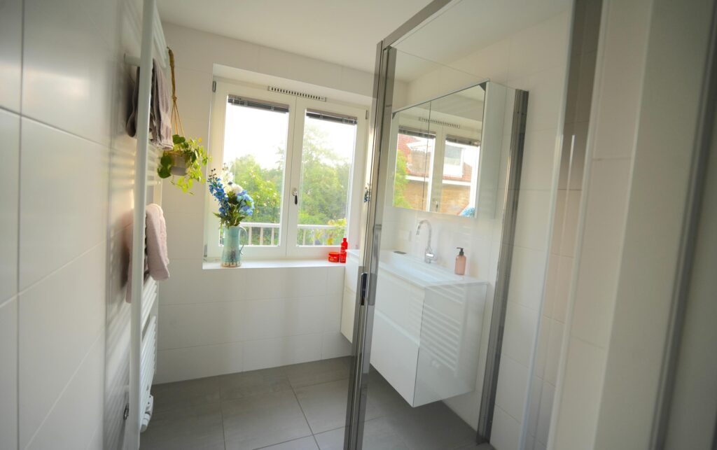 Bright bathroom with window, sink, and plants