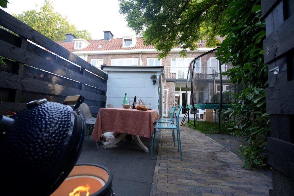 Cozy backyard with dining table and barbecue setup.
