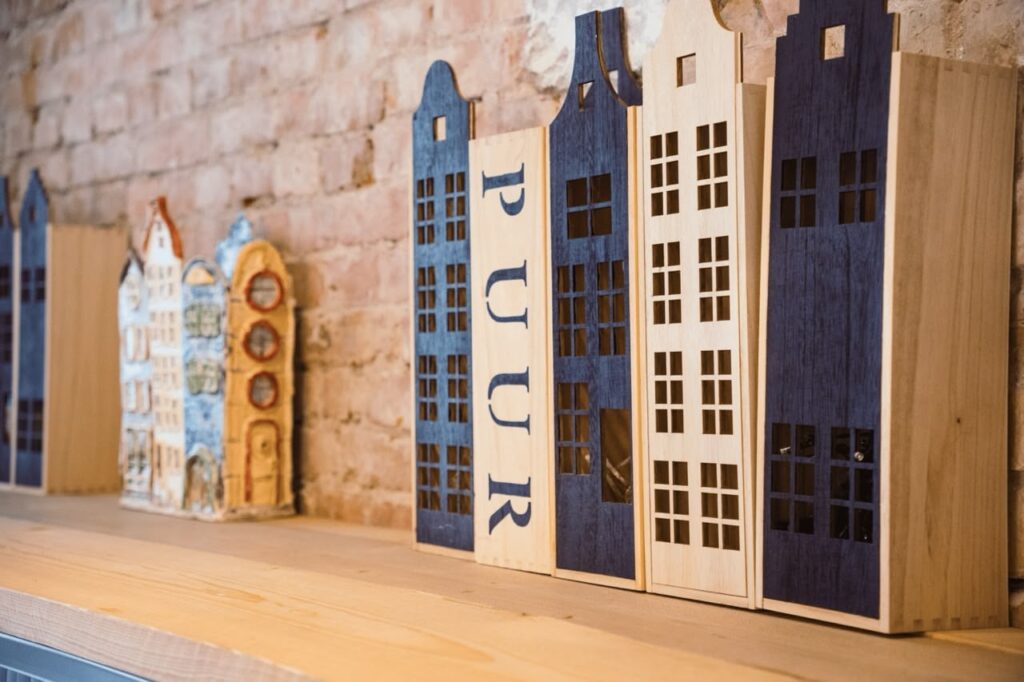 Wooden decorative houses on a shelf